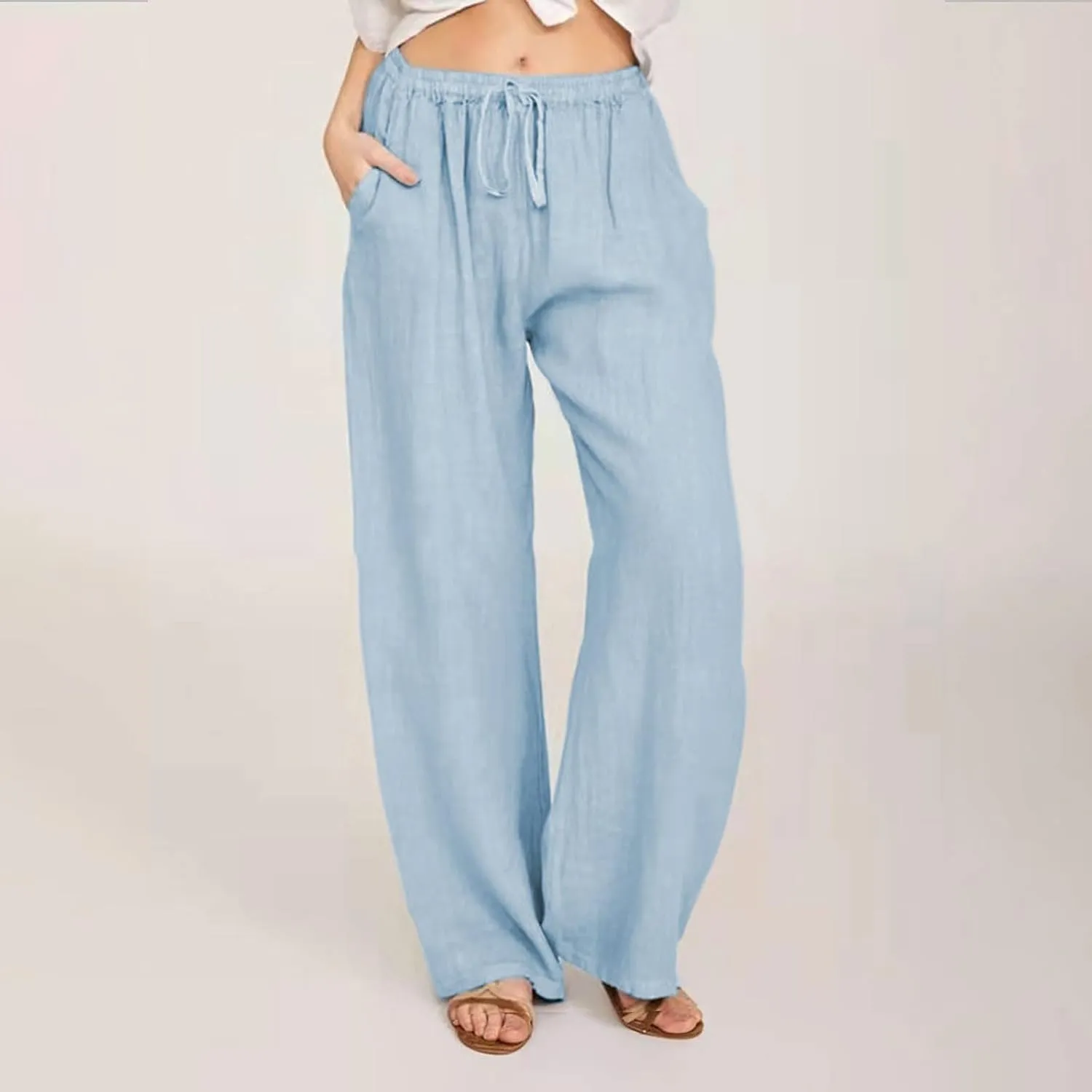 Summer Pants for Women Solid Color Casual Cotton Linen Pants 2025 Vacation Outfits Baggy Drawstring Trousers