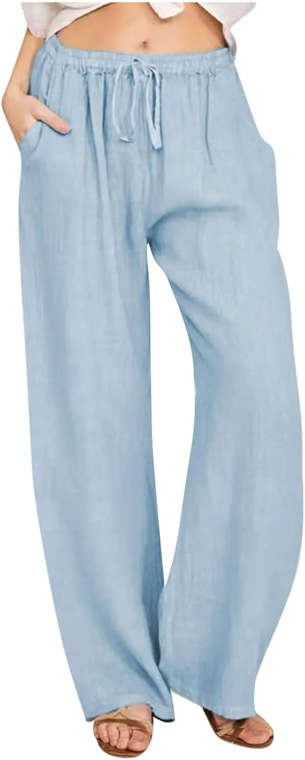 Summer Pants for Women Solid Color Casual Cotton Linen Pants 2025 Vacation Outfits Baggy Drawstring Trousers