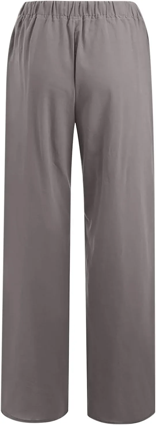 Summer Pants for Women Solid Color Casual Cotton Linen Pants 2025 Vacation Outfits Baggy Drawstring Trousers