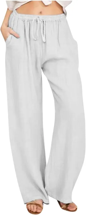 Summer Pants for Women Solid Color Casual Cotton Linen Pants 2025 Vacation Outfits Baggy Drawstring Trousers