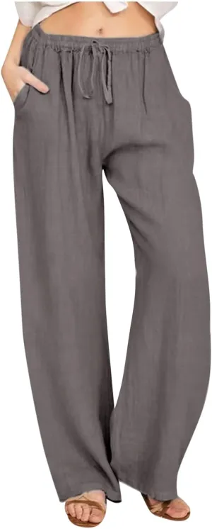 Summer Pants for Women Solid Color Casual Cotton Linen Pants 2025 Vacation Outfits Baggy Drawstring Trousers