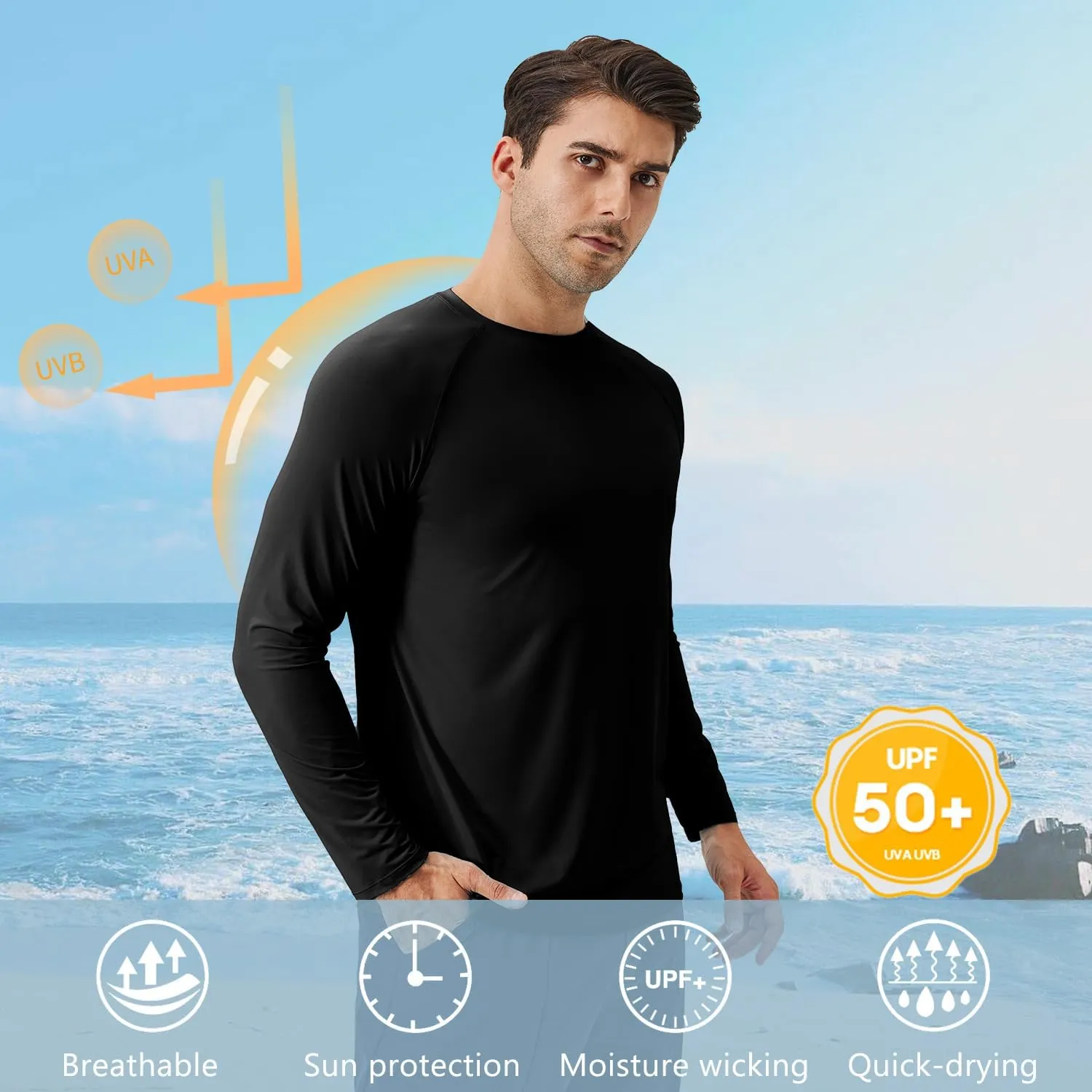 Sun Protection Shirts for Men UPF 50  Long Sleeve Rash Guard T-Shirt for Swimming Running Workout Hiking