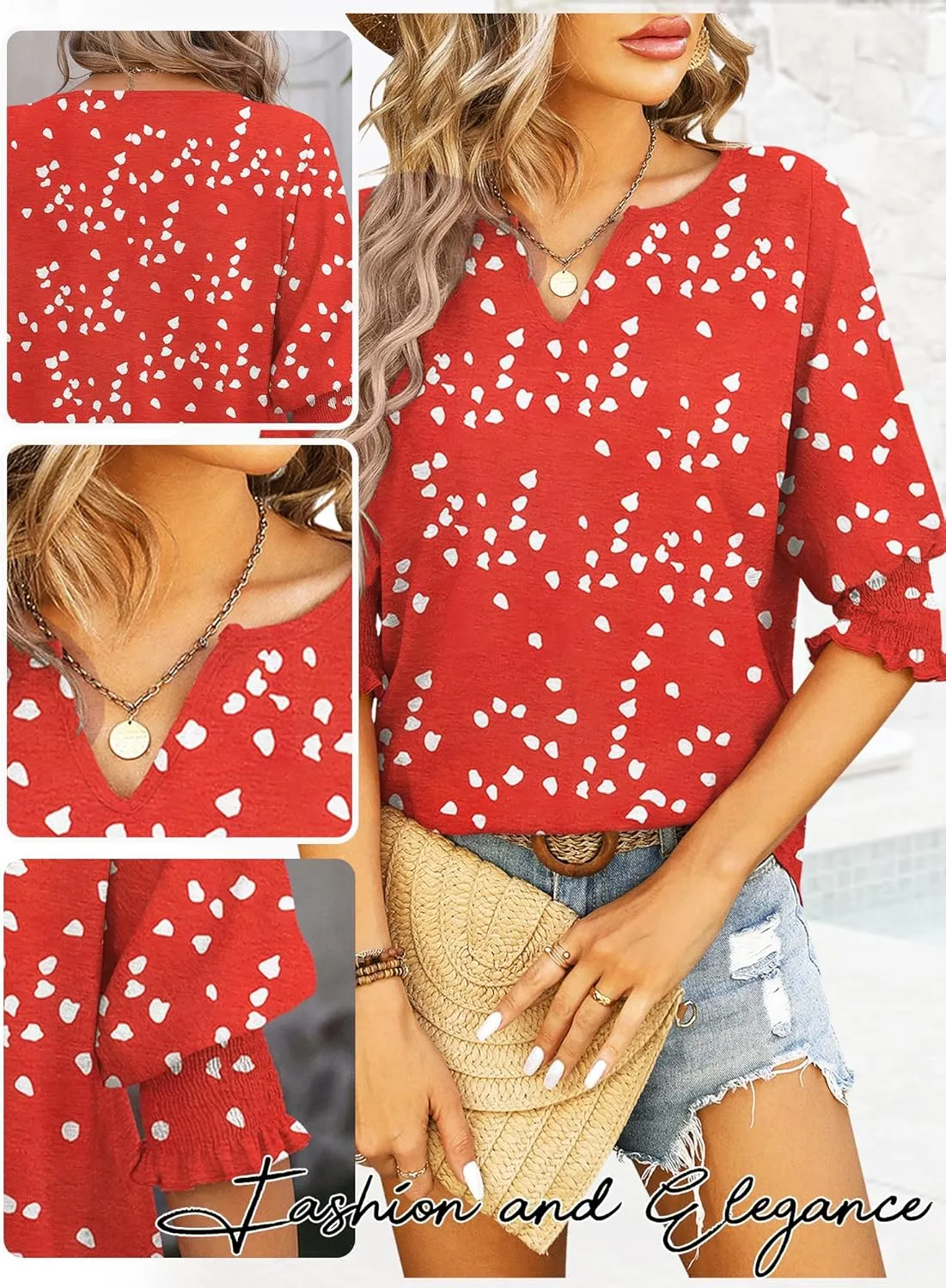 TAKEYAL Women's 2025 Fashion 3/4 Sleeve V Neck T-Shirts Cute Spring Summer Business Dressy Blouses Solid Basic Tee Tops