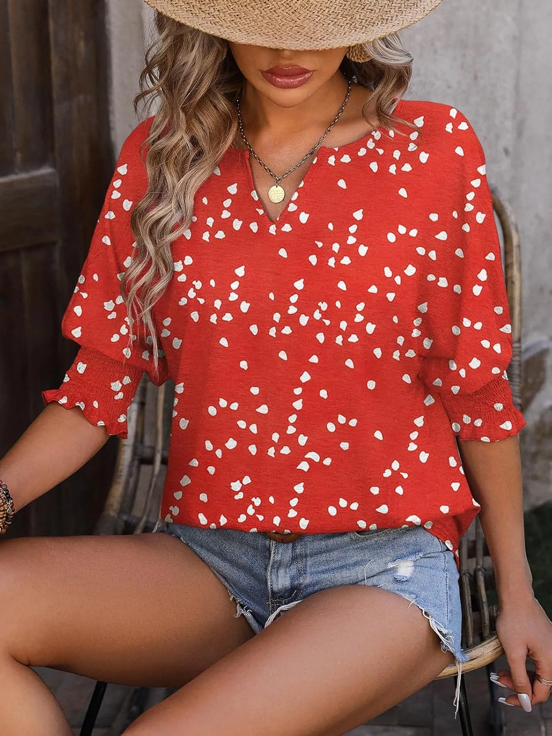 TAKEYAL Women's 2025 Fashion 3/4 Sleeve V Neck T-Shirts Cute Spring Summer Business Dressy Blouses Solid Basic Tee Tops