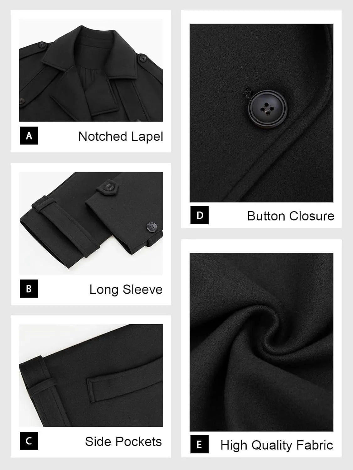 Tankaneo Womens Cropped Pea Coat Double Breasted Dressy Casual Notched Lapel Wool Blend Overcoat with Belt