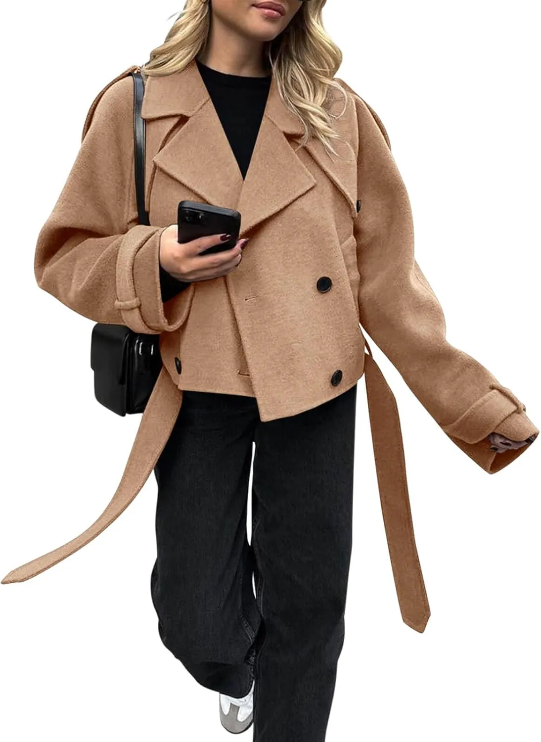 Tankaneo Womens Cropped Pea Coat Double Breasted Dressy Casual Notched Lapel Wool Blend Overcoat with Belt