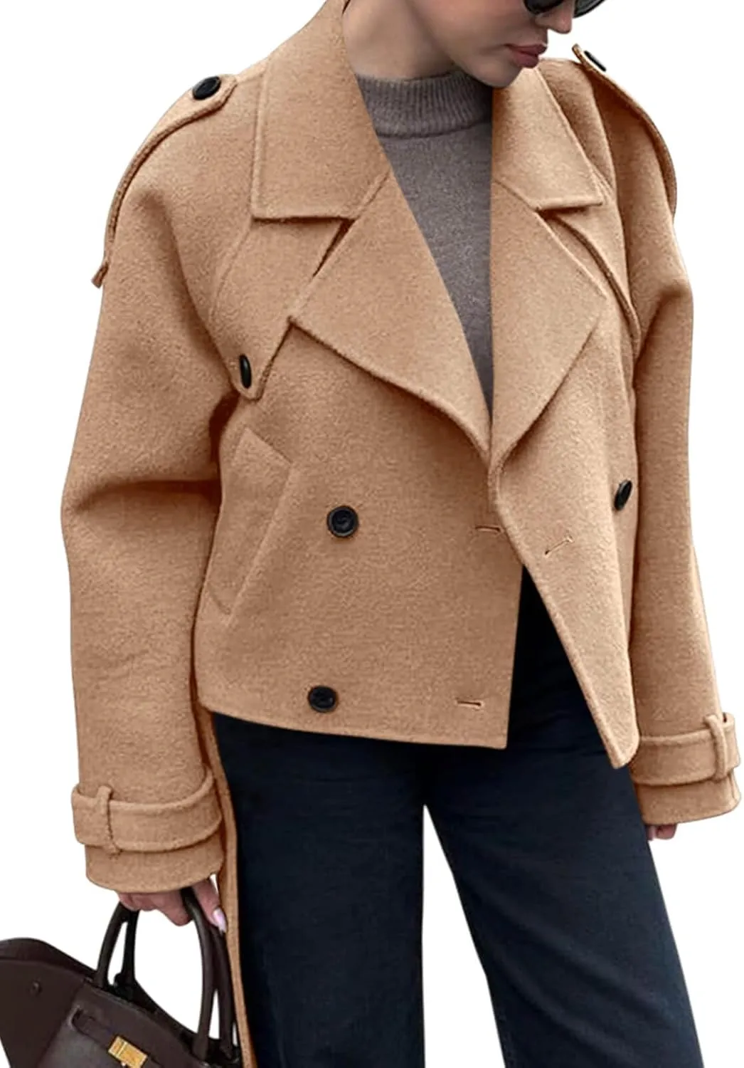 Tankaneo Womens Cropped Pea Coat Double Breasted Dressy Casual Notched Lapel Wool Blend Overcoat with Belt