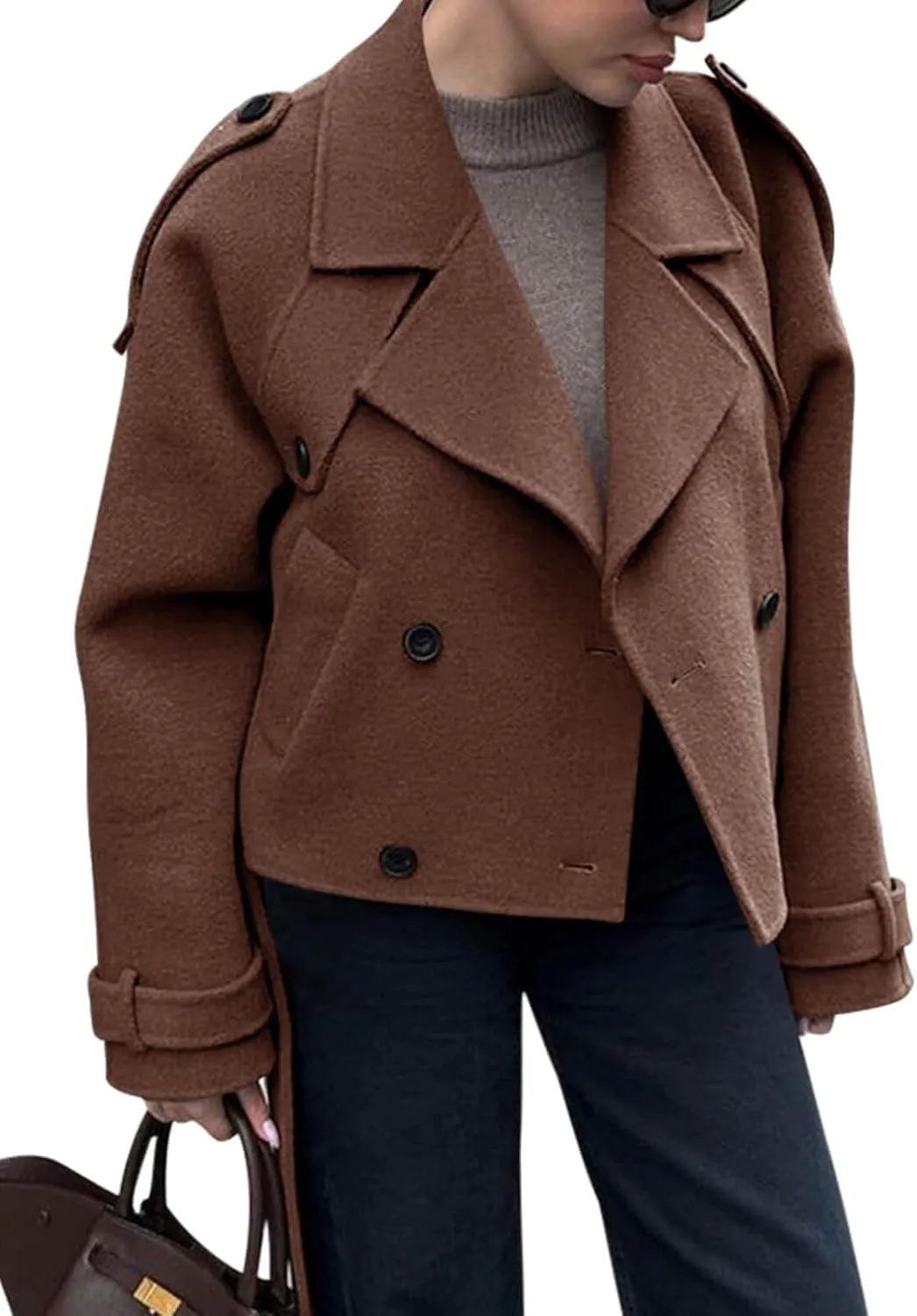 Tankaneo Womens Cropped Pea Coat Double Breasted Dressy Casual Notched Lapel Wool Blend Overcoat with Belt