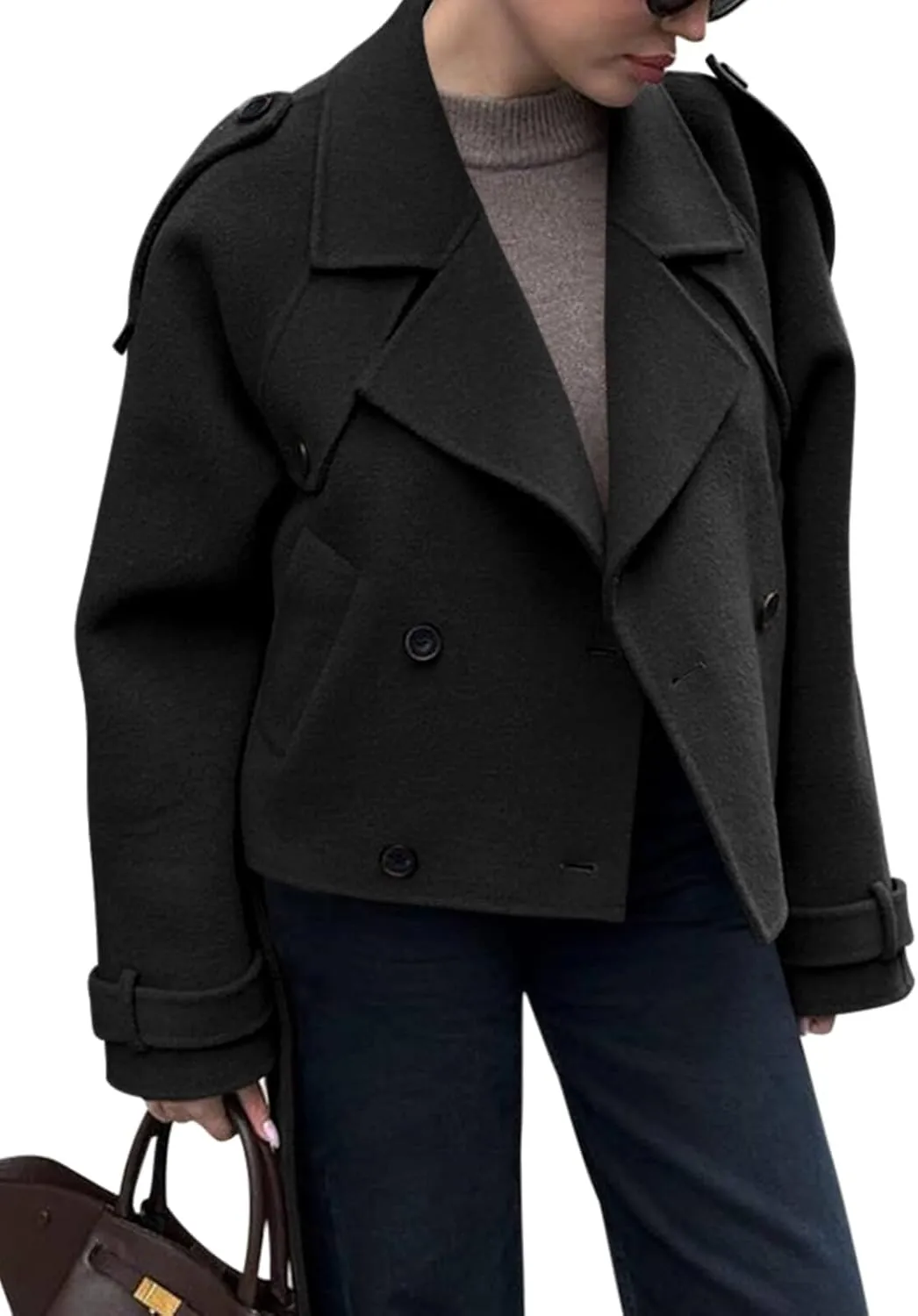 Tankaneo Womens Cropped Pea Coat Double Breasted Dressy Casual Notched Lapel Wool Blend Overcoat with Belt