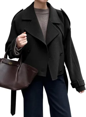 Tankaneo Womens Cropped Pea Coat Double Breasted Dressy Casual Notched Lapel Wool Blend Overcoat with Belt