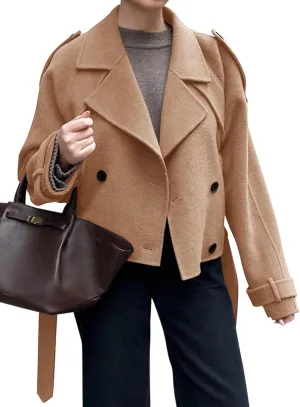 Tankaneo Womens Cropped Pea Coat Double Breasted Dressy Casual Notched Lapel Wool Blend Overcoat with Belt