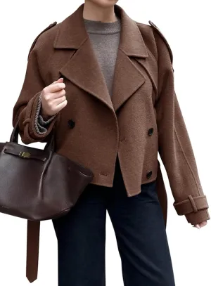Tankaneo Womens Cropped Pea Coat Double Breasted Dressy Casual Notched Lapel Wool Blend Overcoat with Belt