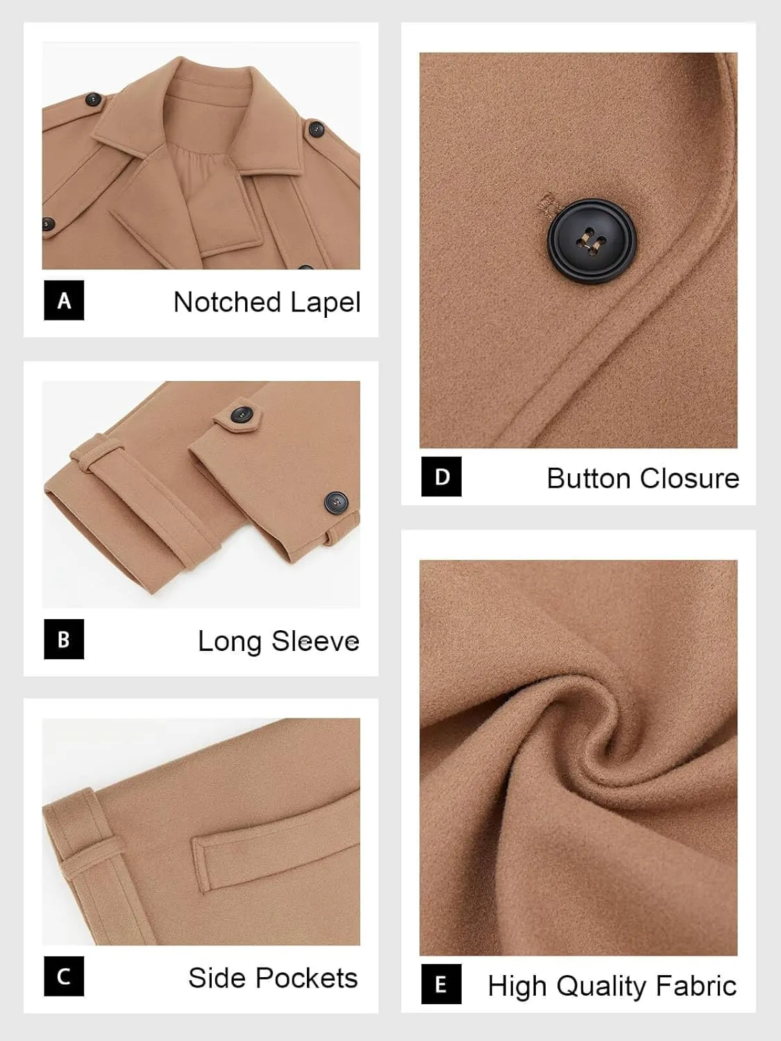 Tankaneo Womens Cropped Pea Coat Double Breasted Dressy Casual Notched Lapel Wool Blend Overcoat with Belt