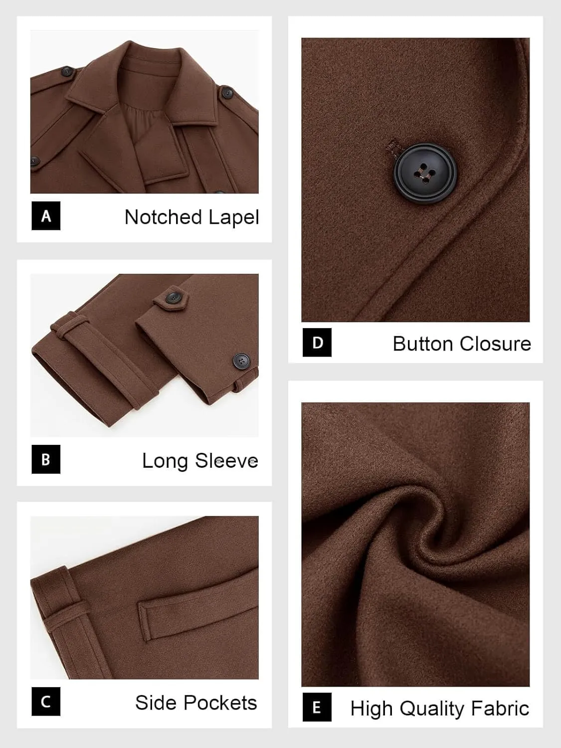 Tankaneo Womens Cropped Pea Coat Double Breasted Dressy Casual Notched Lapel Wool Blend Overcoat with Belt