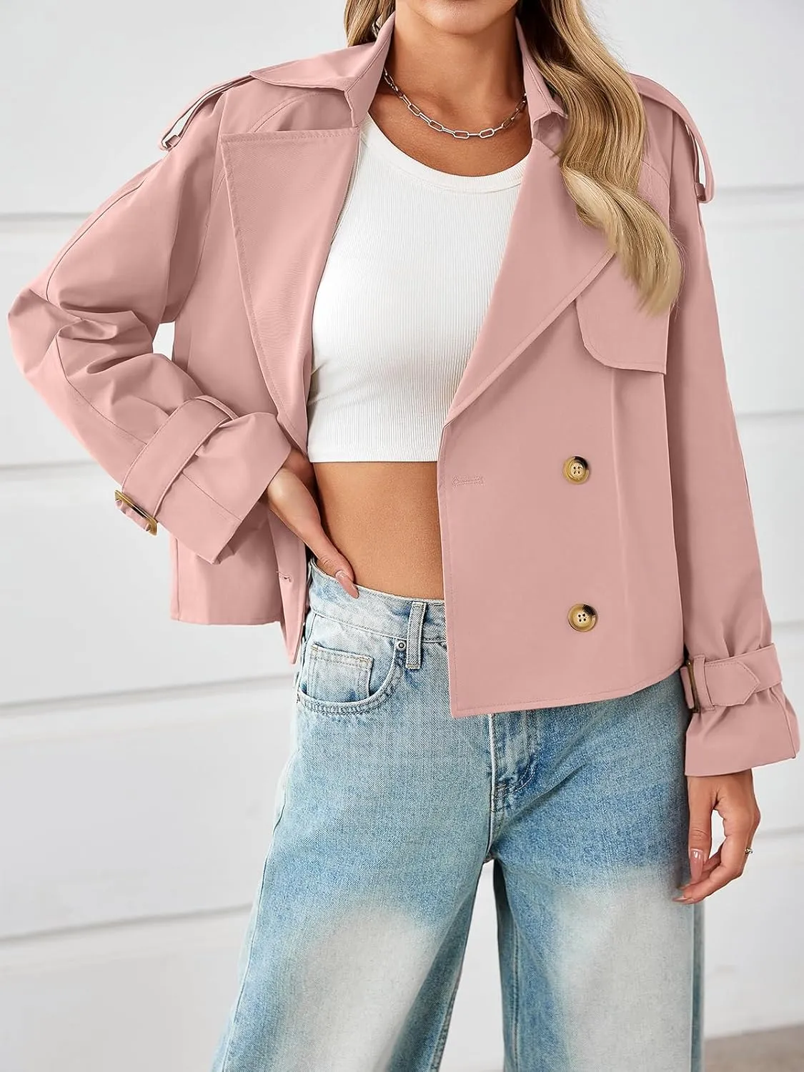 Tankaneo Womens Cropped Trench Coat Oversized Double Breasted Lapel Long Sleeve Short Jacket Fashion Outerwear
