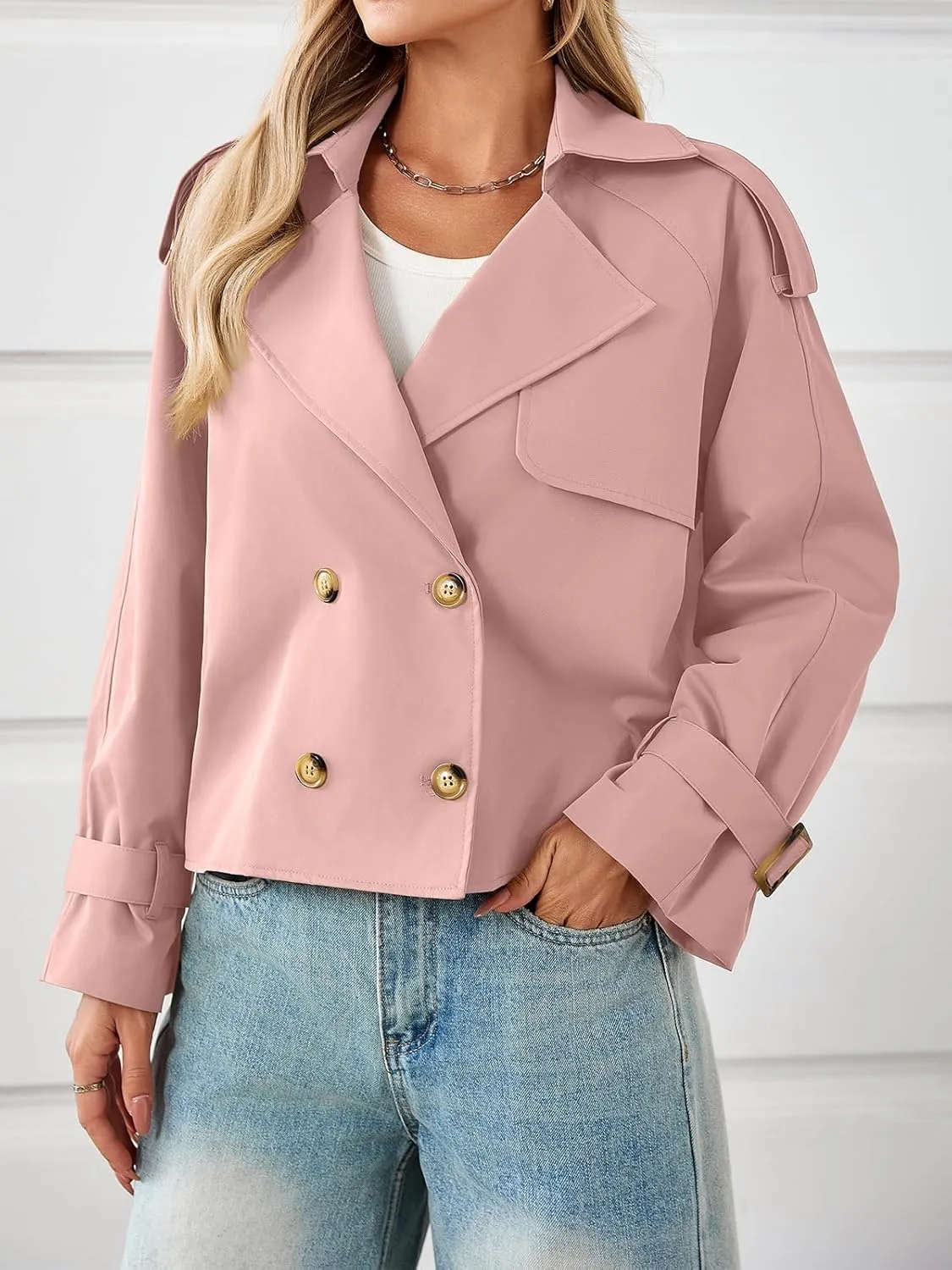 Tankaneo Womens Cropped Trench Coat Oversized Double Breasted Lapel Long Sleeve Short Jacket Fashion Outerwear