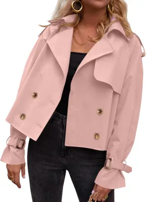 Tankaneo Womens Cropped Trench Coat Oversized Double Breasted Lapel Long Sleeve Short Jacket Fashion Outerwear