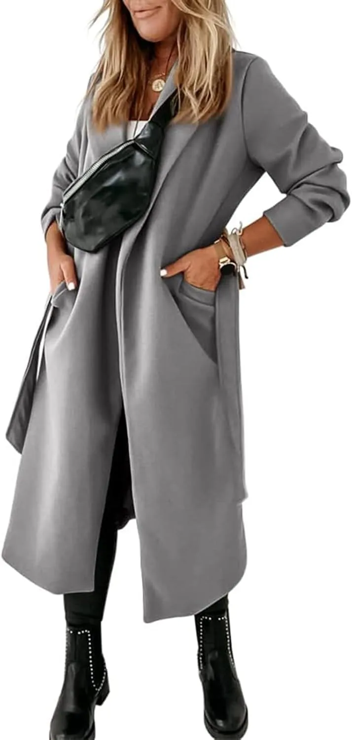 Tankaneo Womens Notched Lapel Collar Coats Open Front Long Jackets Overcoat with Belt