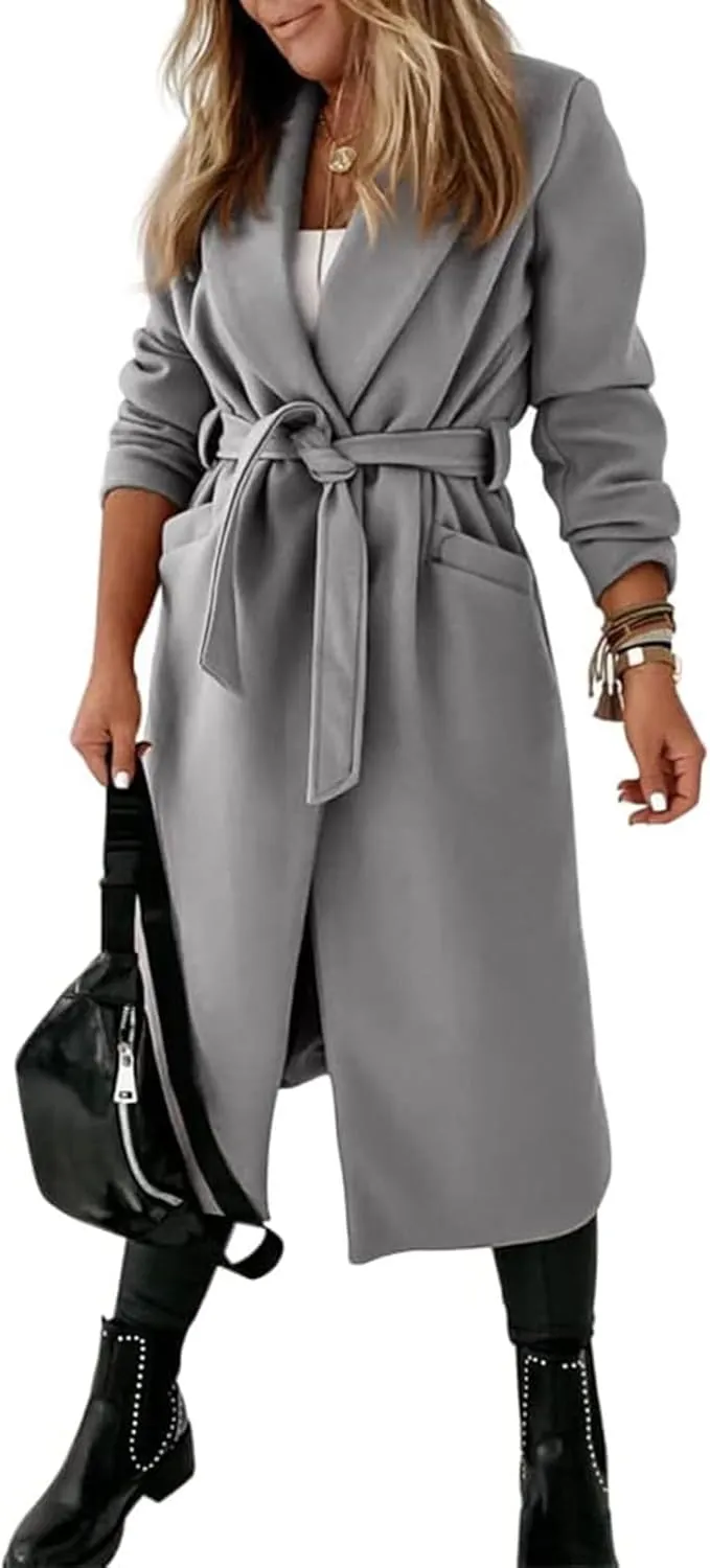 Tankaneo Womens Notched Lapel Collar Coats Open Front Long Jackets Overcoat with Belt
