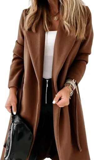 Tankaneo Womens Notched Lapel Collar Coats Open Front Long Jackets Overcoat with Belt