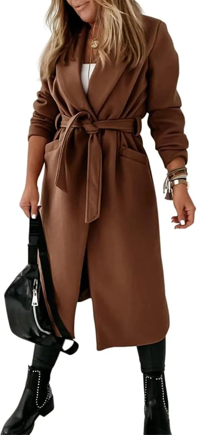 Tankaneo Womens Notched Lapel Collar Coats Open Front Long Jackets Overcoat with Belt