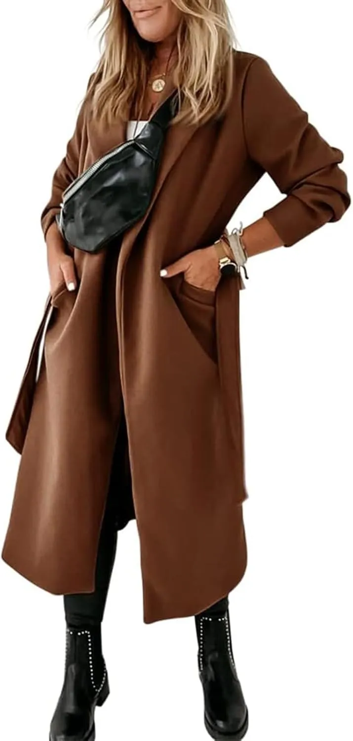 Tankaneo Womens Notched Lapel Collar Coats Open Front Long Jackets Overcoat with Belt