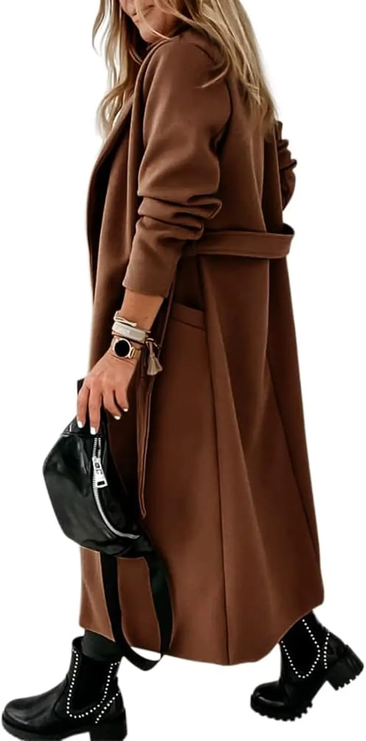 Tankaneo Womens Notched Lapel Collar Coats Open Front Long Jackets Overcoat with Belt