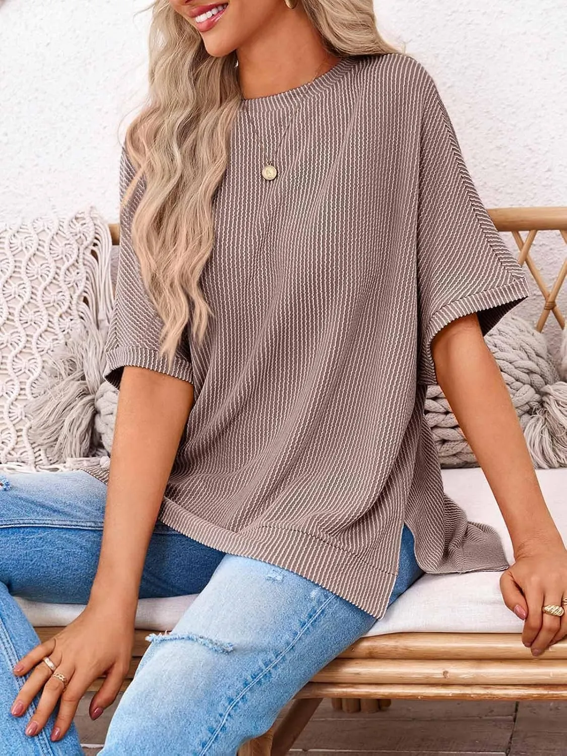 Tankaneo Womens Oversized T Shirts Summer Casual Ribbed Batwing Short Sleeve Tunic Tops Loose Fit Dolman Sleeve Tees