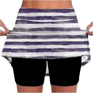 Tennis Skirts for Women with Shorts Fashion Striped Casual A-Line Skorts Tummy Control Lightweight Sports Pants Skirt
