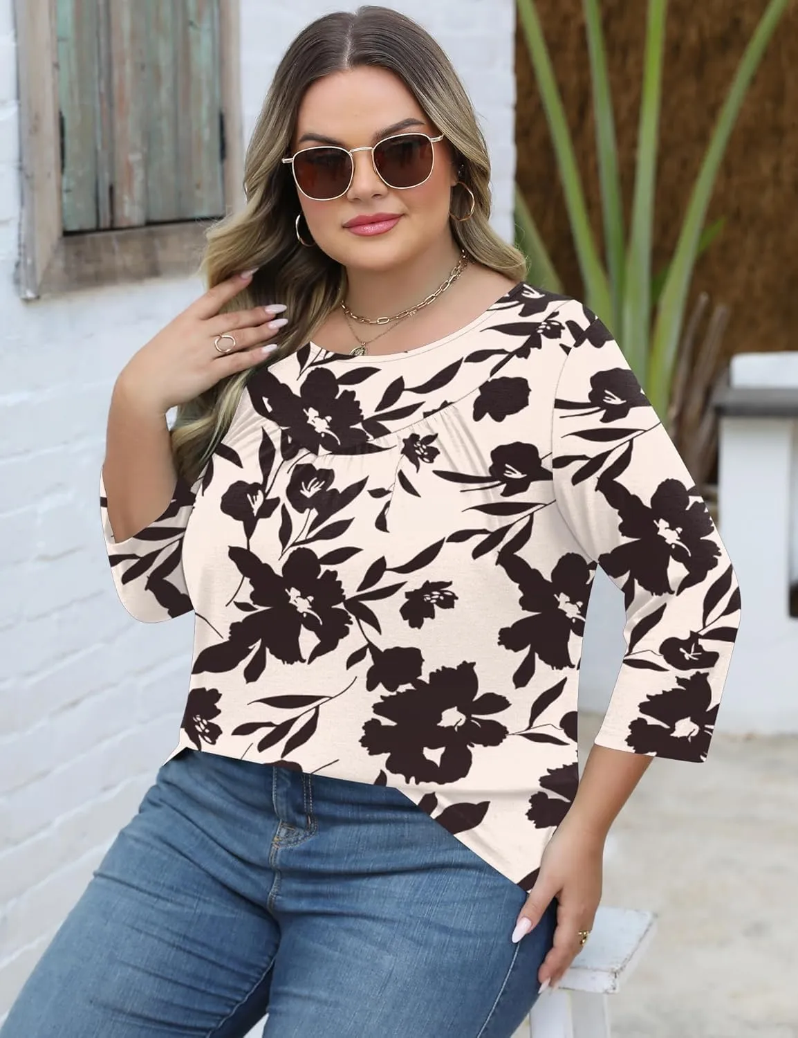 TFSDOD Womens Plus Size Tops 3/4 Length Sleeve Blouses Crew Neck Shirts Casual Loose Tunic Tops 1X-5X
