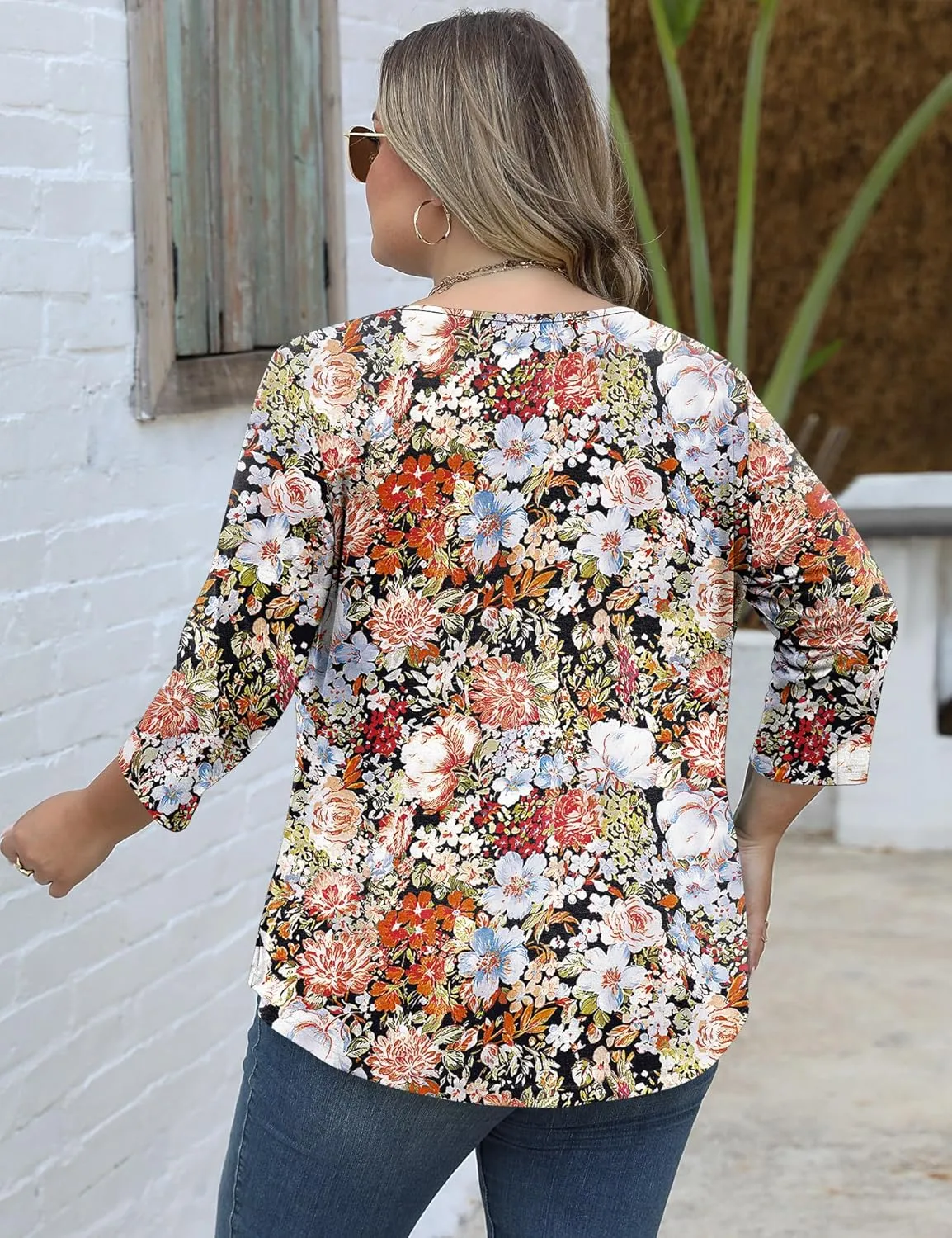 TFSDOD Womens Plus Size Tops 3/4 Length Sleeve Blouses Crew Neck Shirts Casual Loose Tunic Tops 1X-5X