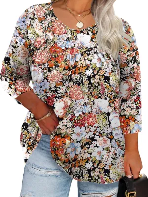 TFSDOD Womens Plus Size Tops 3/4 Length Sleeve Blouses Crew Neck Shirts Casual Loose Tunic Tops 1X-5X
