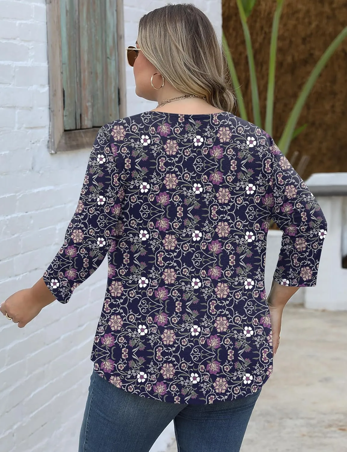 TFSDOD Womens Plus Size Tops 3/4 Length Sleeve Blouses Crew Neck Shirts Casual Loose Tunic Tops 1X-5X