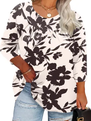 TFSDOD Womens Plus Size Tops 3/4 Length Sleeve Blouses Crew Neck Shirts Casual Loose Tunic Tops 1X-5X