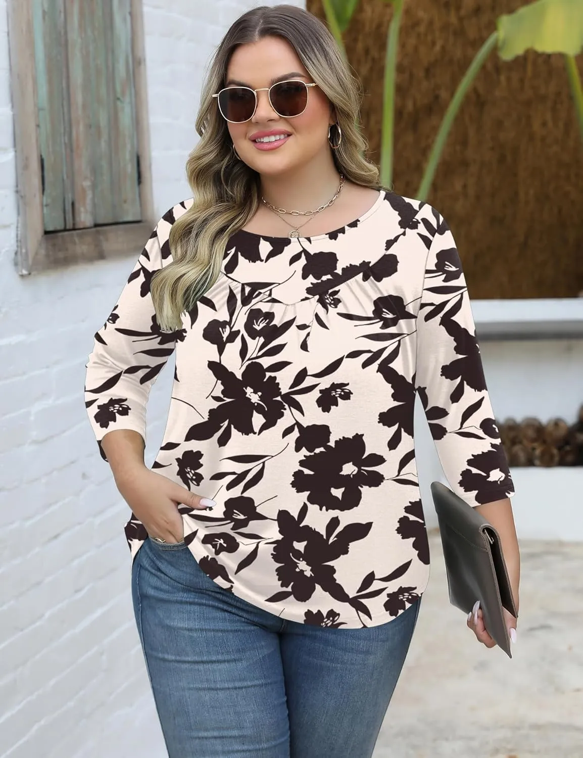 TFSDOD Womens Plus Size Tops 3/4 Length Sleeve Blouses Crew Neck Shirts Casual Loose Tunic Tops 1X-5X