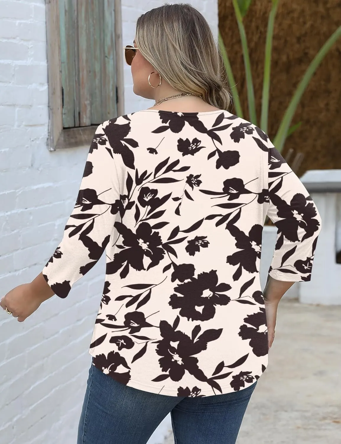 TFSDOD Womens Plus Size Tops 3/4 Length Sleeve Blouses Crew Neck Shirts Casual Loose Tunic Tops 1X-5X