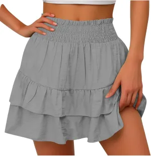 Tiered Ruffle Boho Skirts for Women Summer Cute Mini Skirt Solid Bohemian Vacation Skirts Pleated Short Skirt