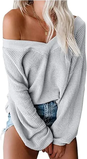 Tobrief Women's V Neck Long Sleeve Waffle Knit Tops Off Shoulder Oversized Pullover Sweater