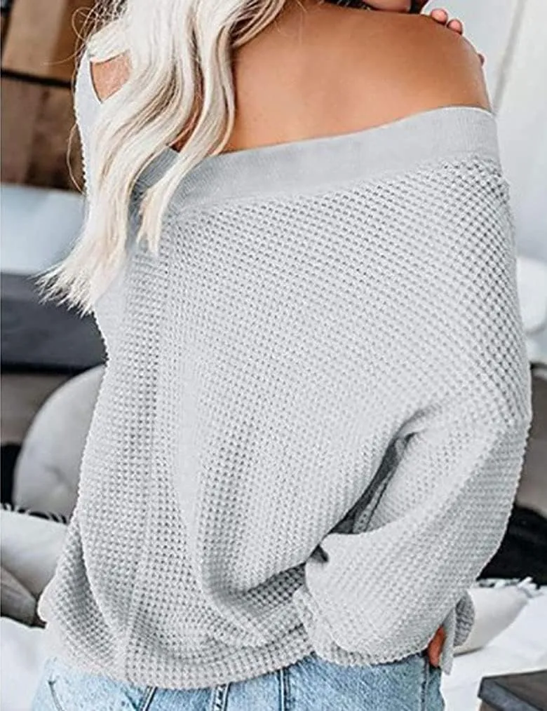 Tobrief Women's V Neck Long Sleeve Waffle Knit Tops Off Shoulder Oversized Pullover Sweater