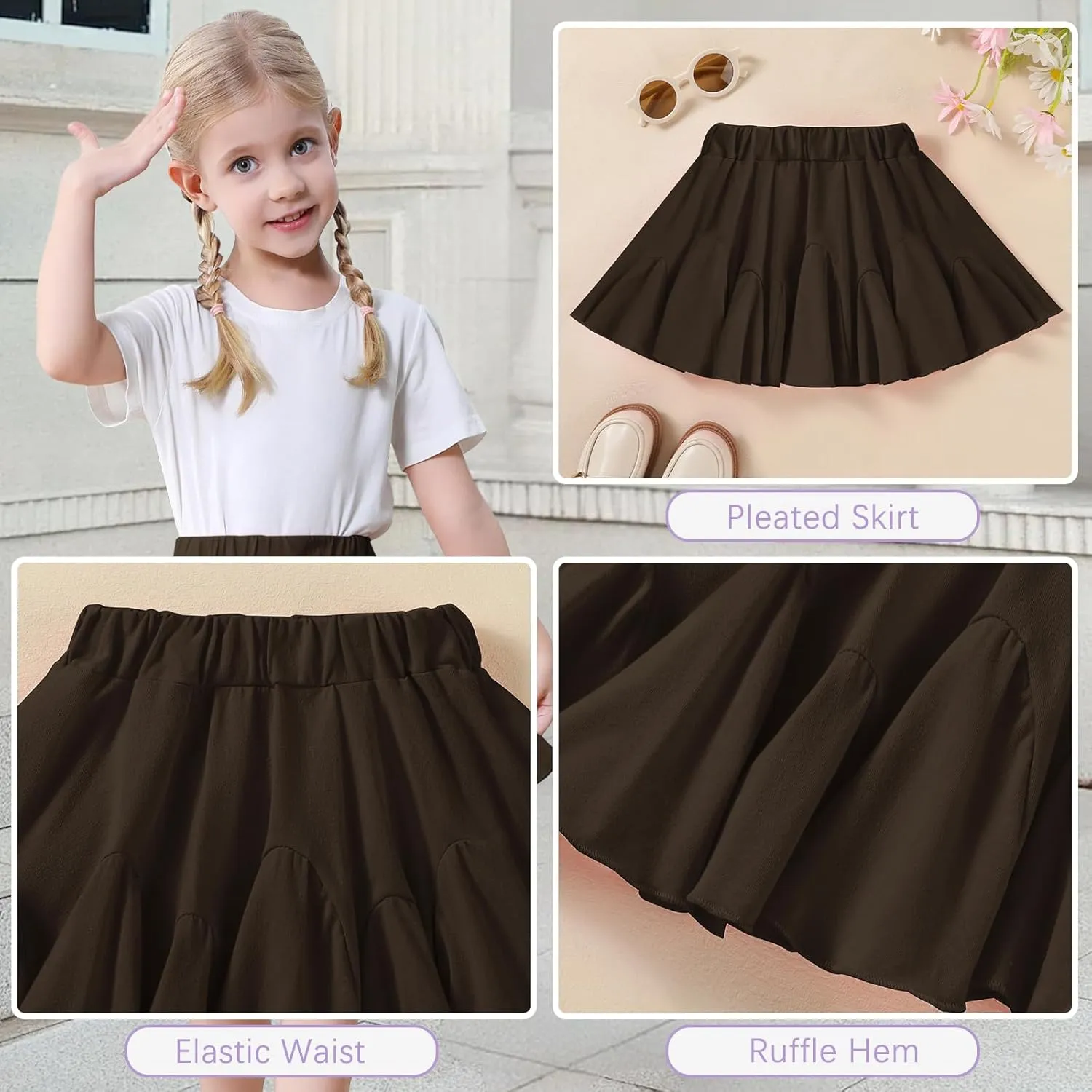 Toddler Baby Girls Skirts Skorts Elastic Little Girls Pleated Skirts Casual Flowy Ruffles Flared for Toddler