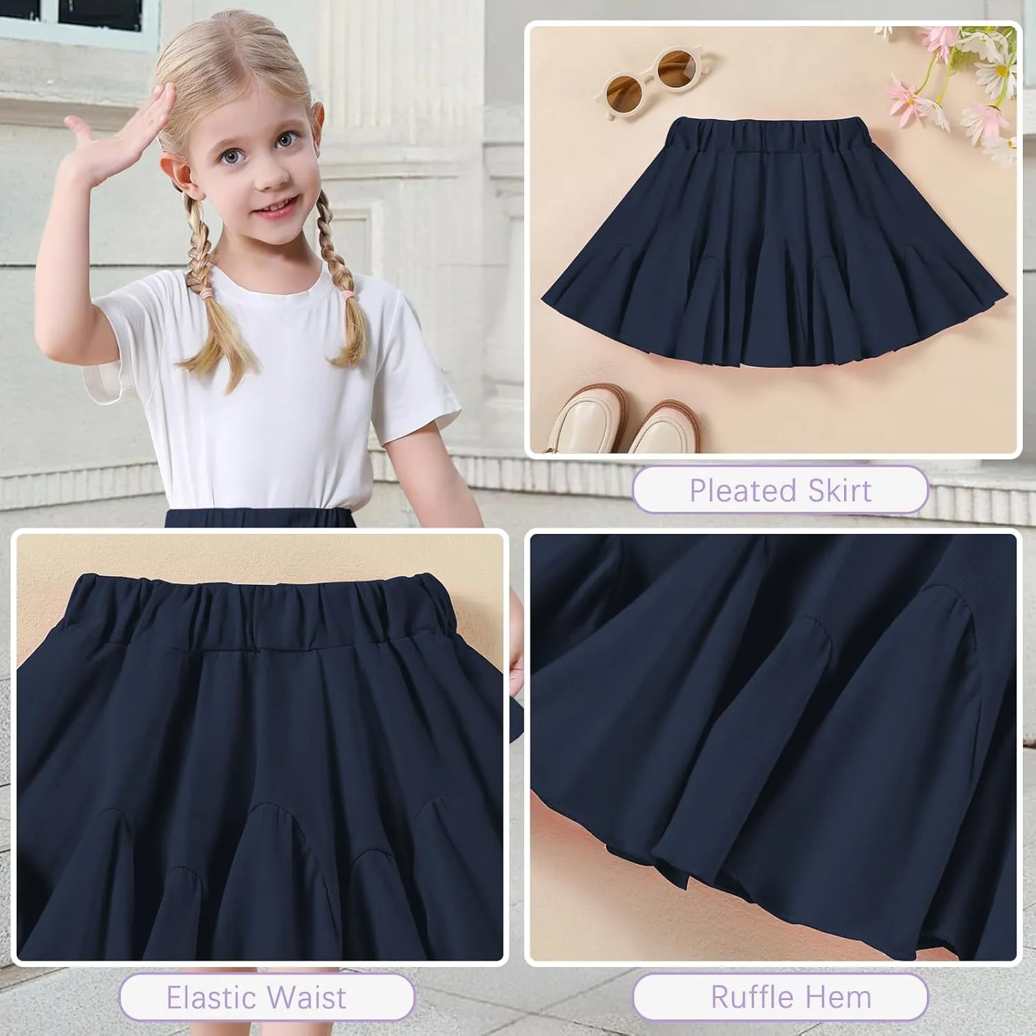 Toddler Baby Girls Skirts Skorts Elastic Little Girls Pleated Skirts Casual Flowy Ruffles Flared for Toddler