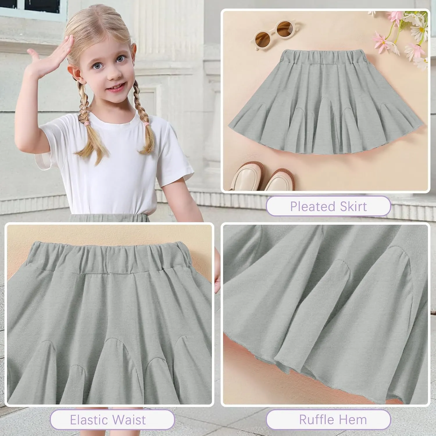 Toddler Baby Girls Skirts Skorts Elastic Little Girls Pleated Skirts Casual Flowy Ruffles Flared for Toddler