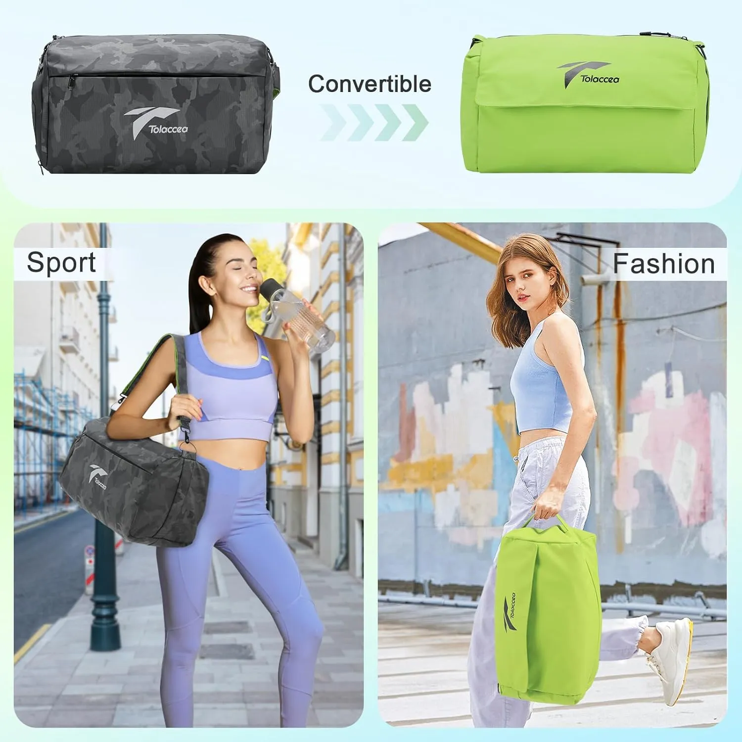 Tolaccea Gym Bag for Men Women, Large Sport Duffel Bag with Shoe Compartment Wet Compartment, Travel Duffel Bag Backpack, Weekend Bag Carry On Backpack for Gym, Travel, Fitness, Workout (Green, 25L)