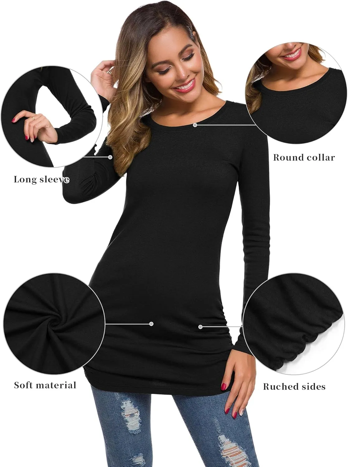 TORARY Women's 2024 Casual Long Sleeves Slim Fit Crew Neck Ruched Tunic Top T-Shirt Dress