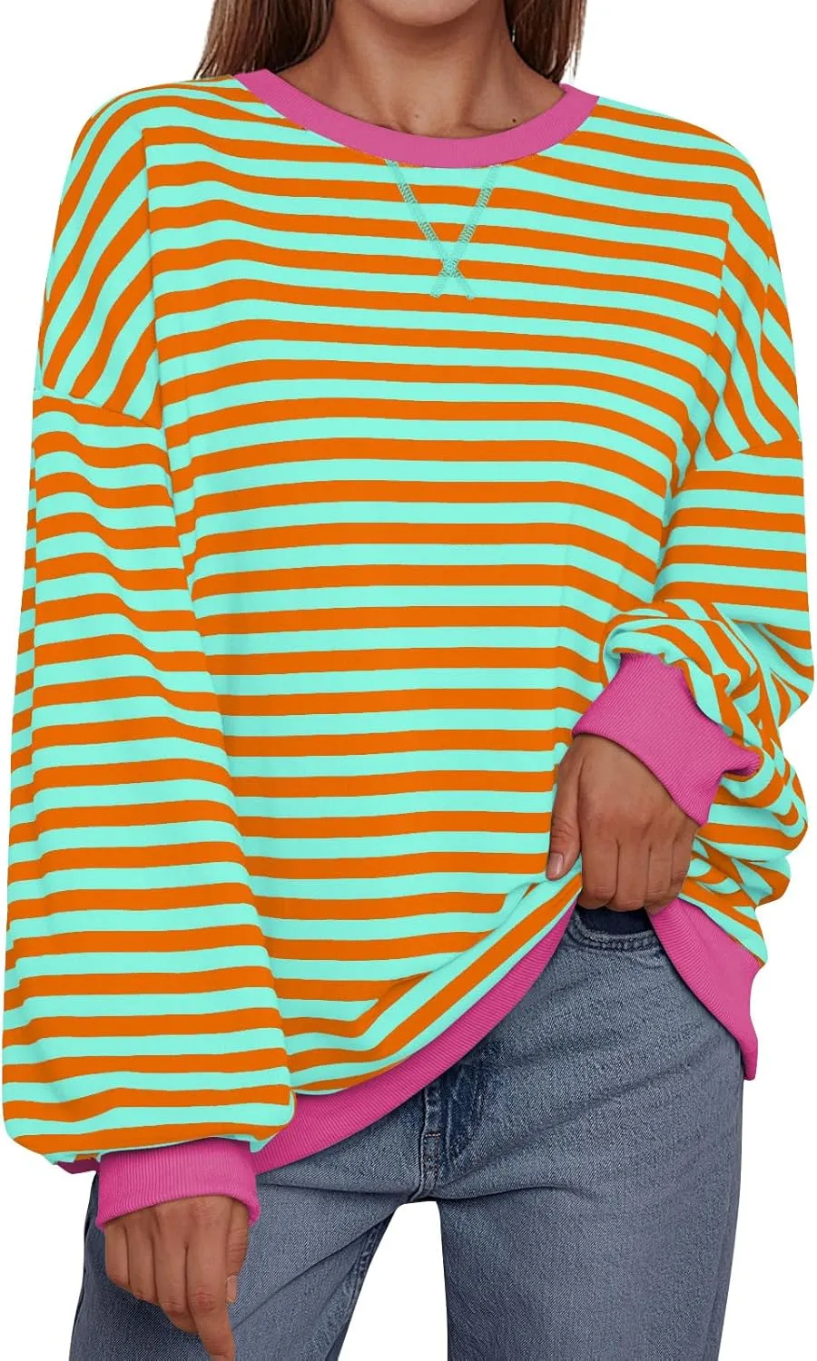 Trendy Queen Oversized Sweatshirt for Women 2025 Summer Crewneck Striped Long Sleeve Shirts Hoodies Cute Top Y2K Outfits