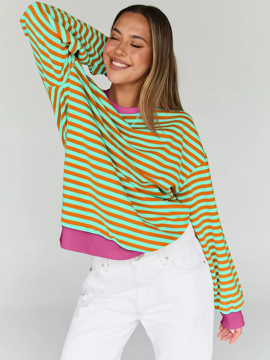 Trendy Queen Oversized Sweatshirt for Women 2025 Summer Crewneck Striped Long Sleeve Shirts Hoodies Cute Top Y2K Outfits