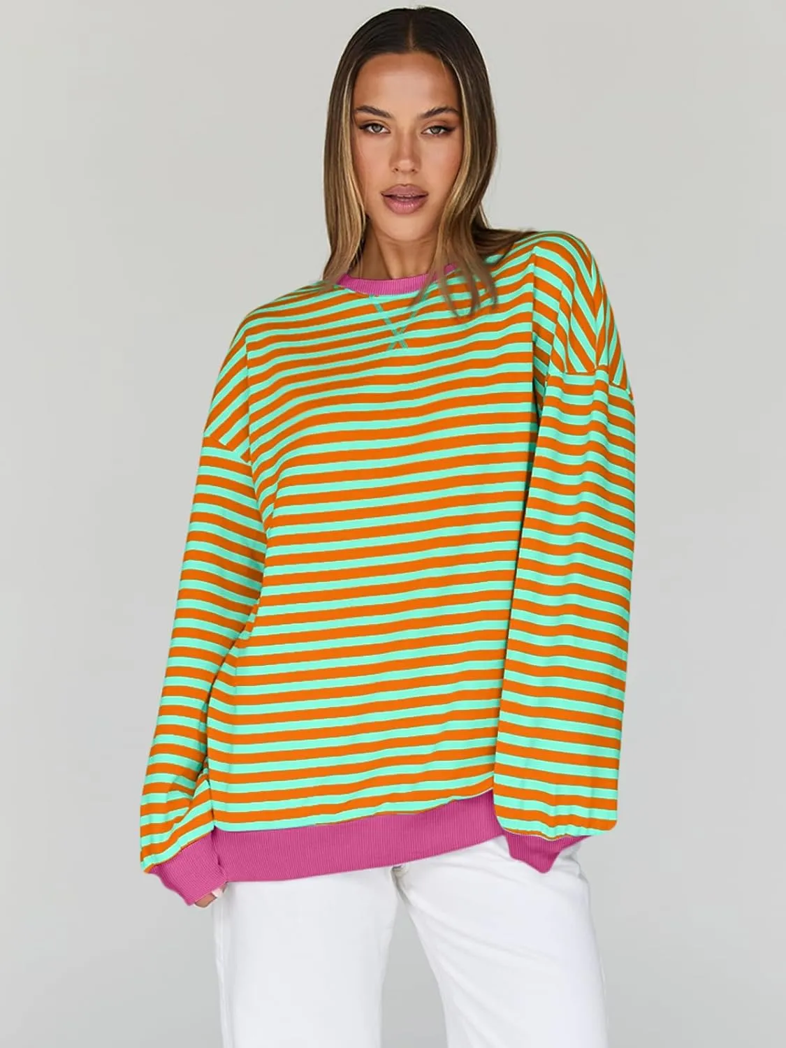 Trendy Queen Oversized Sweatshirt for Women 2025 Summer Crewneck Striped Long Sleeve Shirts Hoodies Cute Top Y2K Outfits