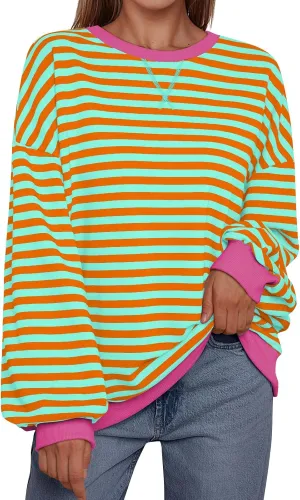 Trendy Queen Oversized Sweatshirt for Women 2025 Summer Crewneck Striped Long Sleeve Shirts Hoodies Cute Top Y2K Outfits