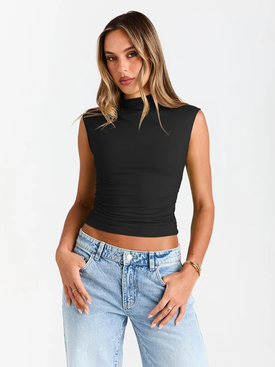 Trendy Queen Women's Going Out Basic Tank Tops Mock Neck Spring Clothes Sleeveless Cute Shirts Summer Y2K Sexy Outfits 2025