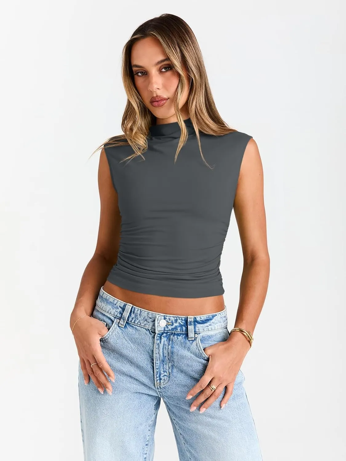 Trendy Queen Women's Going Out Basic Tank Tops Mock Neck Spring Clothes Sleeveless Cute Shirts Summer Y2K Sexy Outfits 2025